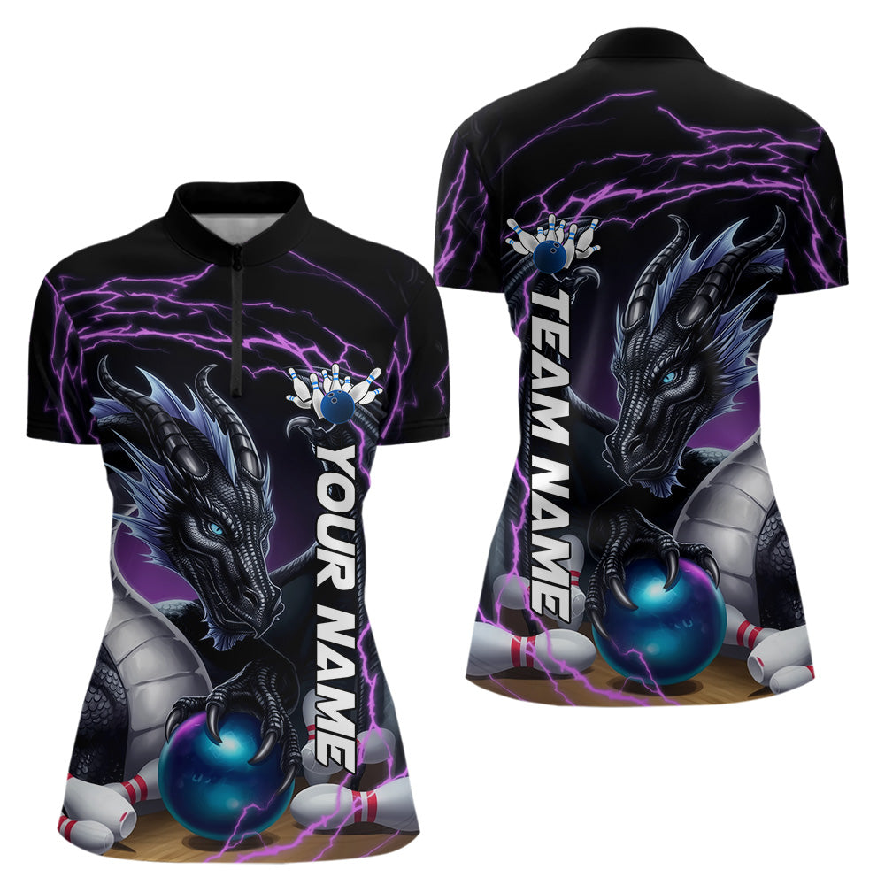 Blue And Purple Thunder Lightning Custom Dragon Bowling Team Quarter-Zip Shirts For Women IPHW8317