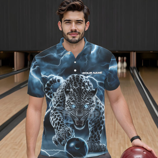 Blue Thunder Lightning Custom Leopard Bowling Polo Shirts For Men, Bowling League Shirt IPHW8318