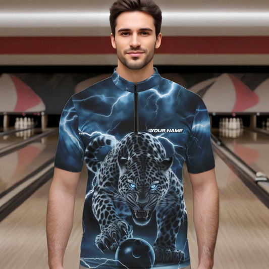 Blue Thunder Lightning Custom Leopard Bowling Quarter-Zip Shirts For Men, Bowling League Shirt IPHW8318