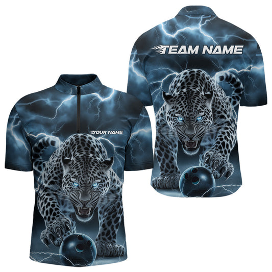 Blue Thunder Lightning Custom Leopard Bowling Quarter-Zip Shirts For Men, Bowling League Shirt IPHW8318