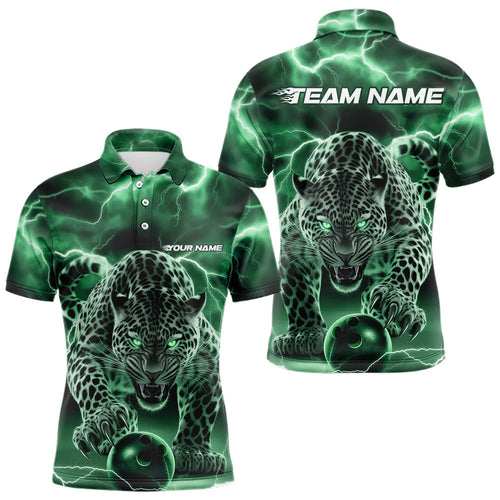 Green Thunder Lightning Custom Leopard Bowling Polo Shirts For Men, Bowling League Shirt IPHW8320