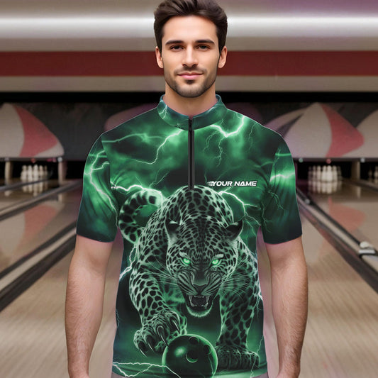 Green Thunder Lightning Custom Leopard Bowling Quarter-Zip Shirts For Men, Bowling League Shirt IPHW8320