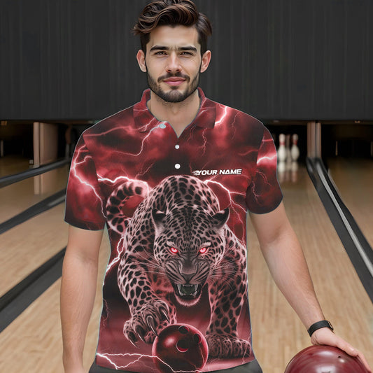 Red Thunder Lightning Custom Leopard Bowling Polo Shirts For Men, Bowling League Shirt IPHW8321