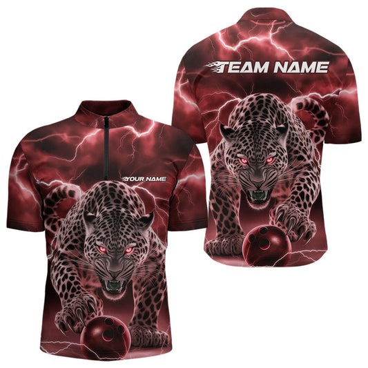 Red Thunder Lightning Custom Leopard Bowling Quarter-Zip Shirts For Men, Bowling League Shirt IPHW8321