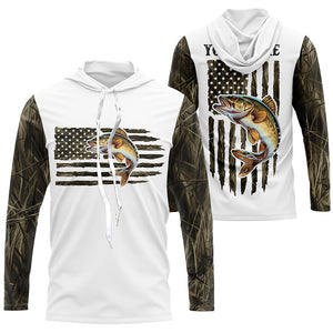 Personalized American Flag Walleye Long Sleeve Fishing Camo Shirts, Patriotic Walleye Fishing Jersey IPHW6038