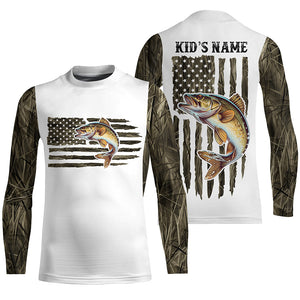 Personalized American Flag Walleye Long Sleeve Fishing Camo Shirts, Patriotic Walleye Fishing Jersey IPHW6038