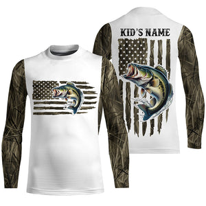 Personalized American Flag Bass Long Sleeve Fishing Camo Shirts, Patriotic Bass Fishing Jersey IPHW6039