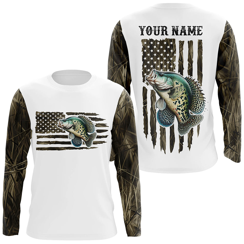 Personalized American Flag Crappie Long Sleeve Fishing Camo Shirts, Patriotic Crappie Fishing Jersey IPHW6040