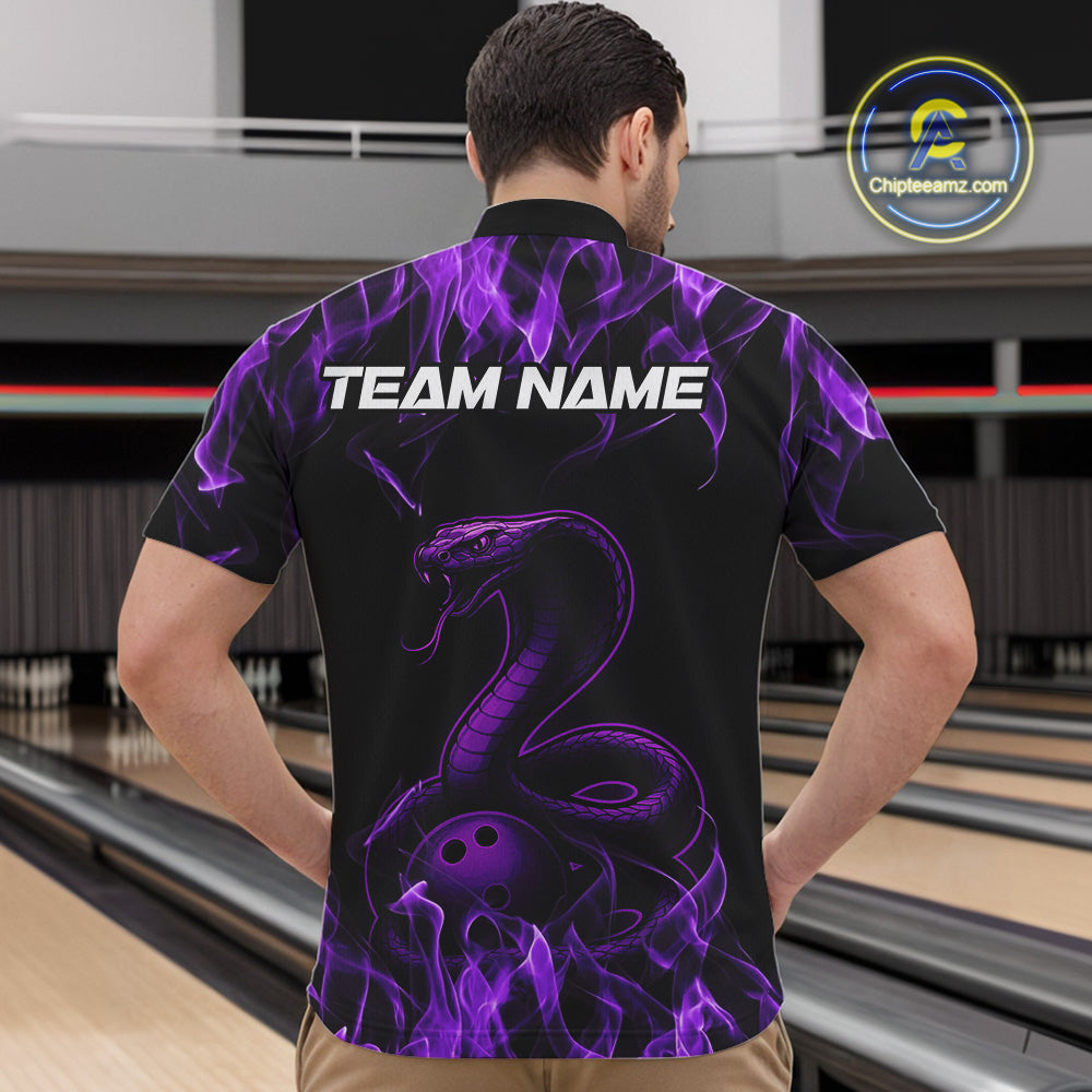 Custom Black And Purple Flame Cobra Snake Bowling Men Quarter-Zip Shirts, Bowling League Shirt IPHW9041