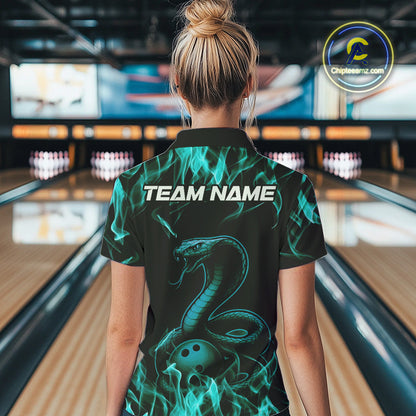 Custom Black And Blue Flame Cobra Snake Bowling Women Quarter-Zip Shirts, Team Shirt IPHW9042