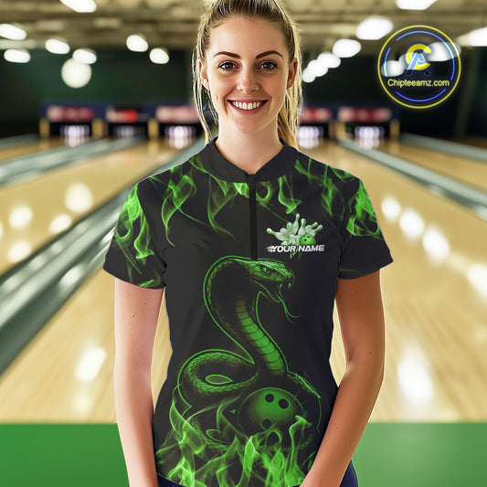 Custom Black And Green Flame Cobra Snake Bowling Women Quarter-Zip Shirts, Team Shirt IPHW9043