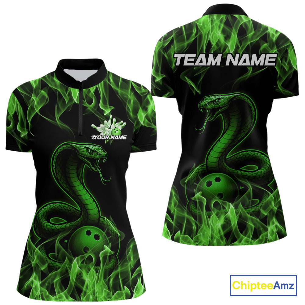 Custom Black And Green Flame Cobra Snake Bowling Women Quarter-Zip Shirts, Team Shirt IPHW9043