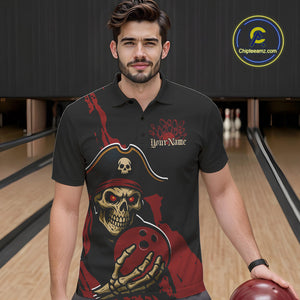 Custom Black And Red Pirate Bowling Men Polo Shirts, Bowling Team Bowling League Shirt IPHW9048