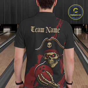 Custom Black And Red Pirate Bowling Men Polo Shirts, Bowling Team Bowling League Shirt IPHW9048