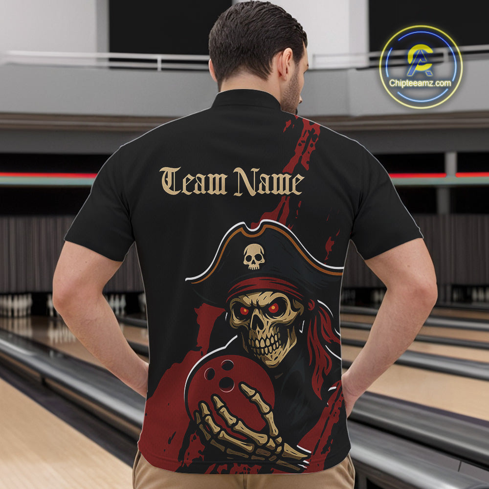 Custom Black And Red Pirate Bowling Men Quarter-Zip Shirts, Bowling Team Bowling League Shirt IPHW9048