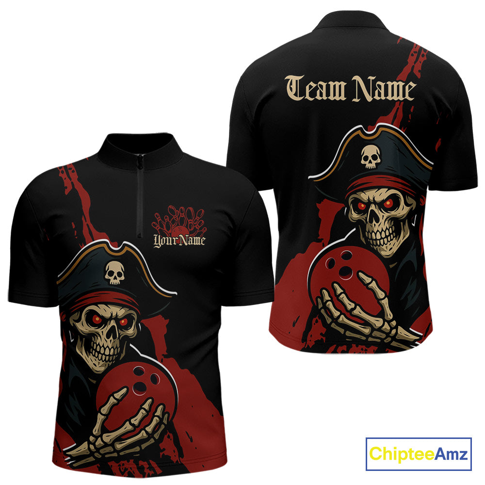 Custom Black And Red Pirate Bowling Men Quarter-Zip Shirts, Bowling Team Bowling League Shirt IPHW9048
