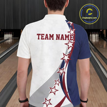 Load image into Gallery viewer, Back view of a male model in a bowling lane wearing a red, white, and blue polo shirt with bowling artwork, stars, and stripes.