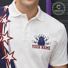 Load image into Gallery viewer, Close up left chest view of a red, white, and blue bowling polo shirt with bowling artwork, sweeping stars, and stripe patterns.