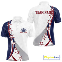Load image into Gallery viewer, Front and back red, white, and blue men’s bowling polo shirt mockup with bowling artwork, sweeping stars, and stripe patterns.