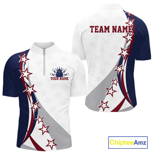Front and back red, white, and blue men’s bowling quarter zip shirt mockup with bowling artwork, sweeping stars, and stripe patterns.