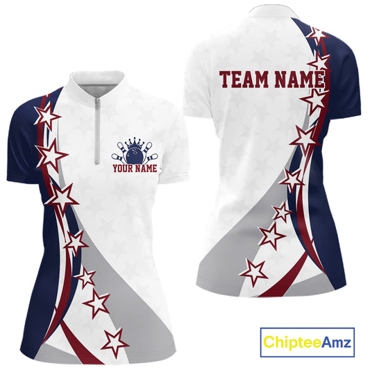 Front and back red, white, and blue women’s bowling quarter zip mockup with bowling artwork, sweeping stars, and stripe patterns.