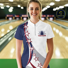 Load image into Gallery viewer, Female model front view at the bowling lane wearing a red, white, and blue bowling quarter zip shirt with bowling artwork and stars.