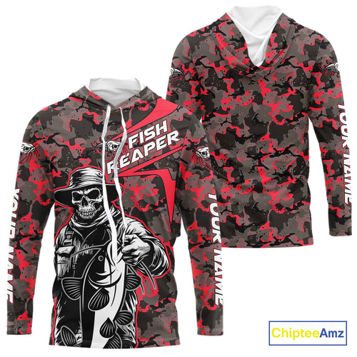 Custom Red Camouflage Catfish Fish Reaper Long Sleeve Hooded Tournament Fishing Shirts IPHW9296