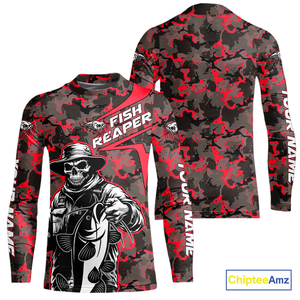Custom Red Camouflage Catfish Fish Reaper Kid Long Sleeve Tournament Fishing Shirts IPHW9296