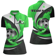 Load image into Gallery viewer, Black And Green Flame Custom Bowling Shirts For Women, Bowling League Shirts Bowler Outfits IPHW7670