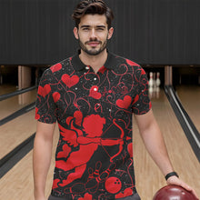 Load image into Gallery viewer, Black And Red Custom Valentines Day Bowling Polo Shirts For Men, Bowling Couple Shirt IPHW8329