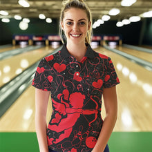Load image into Gallery viewer, Black And Red Custom Valentines Day Bowling Polo Shirts For Women, Bowling Couple Shirt IPHW8329