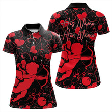 Load image into Gallery viewer, Black And Red Custom Valentines Day Bowling Polo Shirts For Women, Bowling Couple Shirt IPHW8329