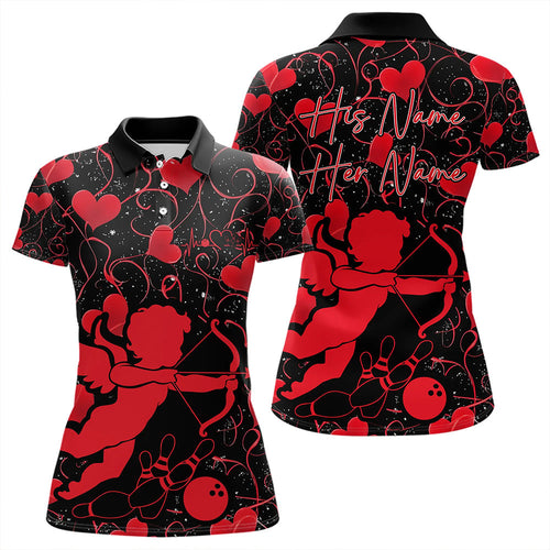 Black And Red Custom Valentines Day Bowling Polo Shirts For Women, Bowling Couple Shirt IPHW8329