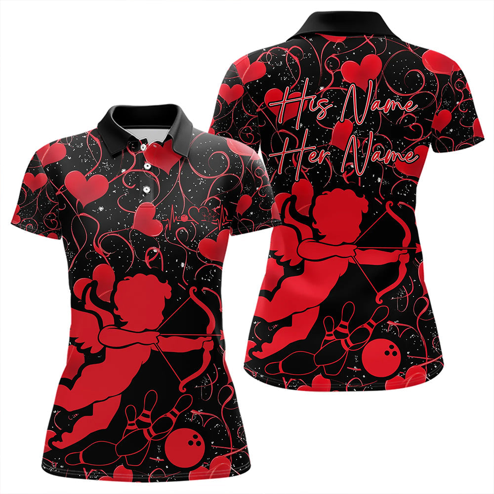 Black And Red Custom Valentines Day Bowling Polo Shirts For Women, Bowling Couple Shirt IPHW8329