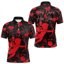 Load image into Gallery viewer, Black And Red Custom Valentines Day Bowling Polo Shirts For Men, Bowling Couple Shirt IPHW8329