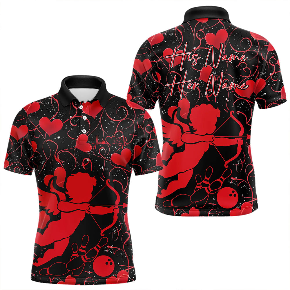 Black And Red Custom Valentines Day Bowling Polo Shirts For Men, Bowling Couple Shirt IPHW8329