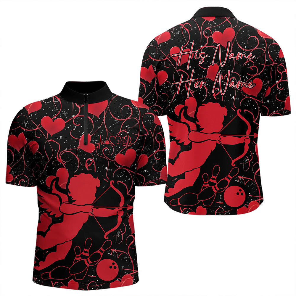 Black And Red Custom Valentines Day Bowling Quarter-Zip Shirts For Men, Bowling Couple Shirt IPHW8329