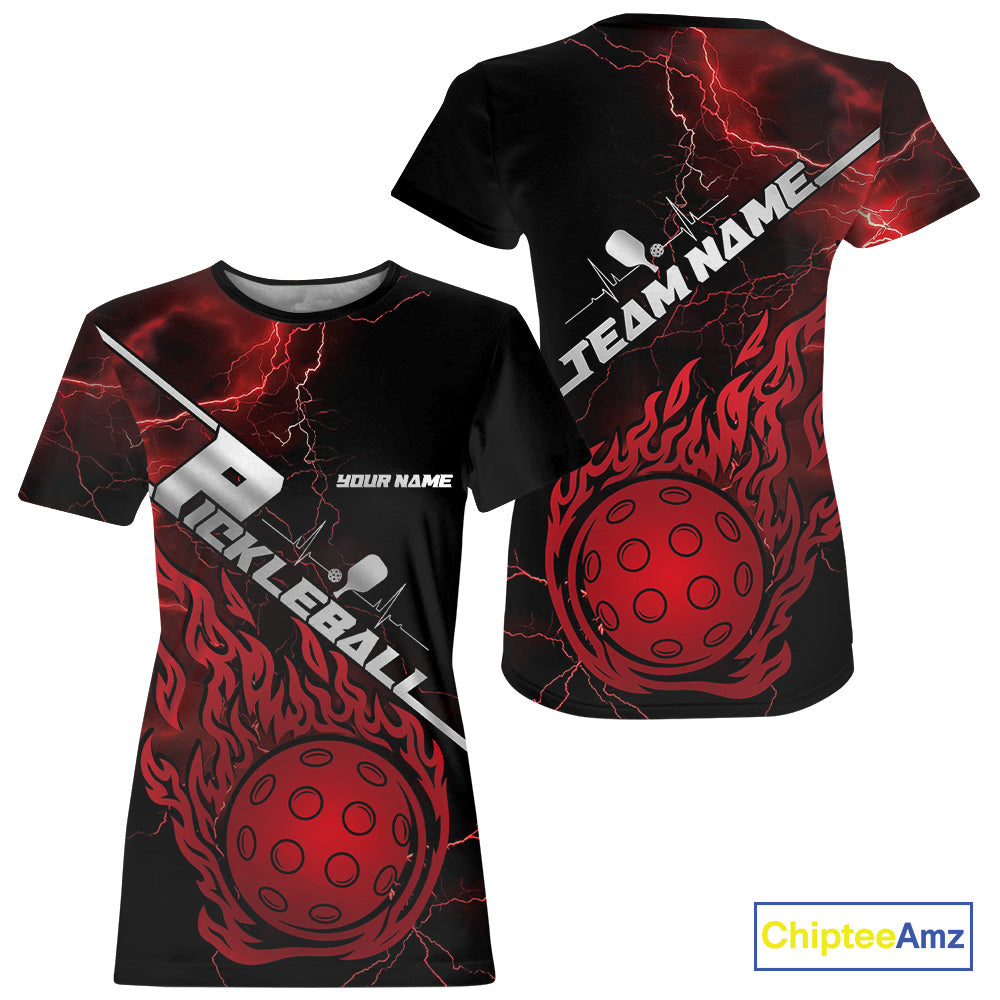 Custom Black And Red Thunder Lightning Flame Pcikleball T-Shirts Team For Women IPHW9304