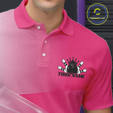 Load image into Gallery viewer, Close up left chest view of a bowling polo shirt featuring bowling ball and pins artwork arranged within a pink gradient layout.