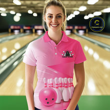 Load image into Gallery viewer, Front view female model at the bowling lane wearing a polo shirt with bowling ball and pins arranged within a pink gradient layout.