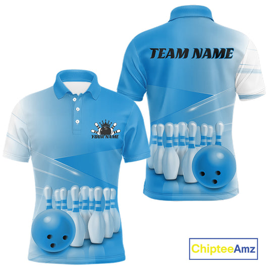 Front and back men’s bowling polo shirt mockup featuring bowling ball and pins artwork arranged within a pink gradient layout.