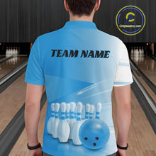 Load image into Gallery viewer, Back view of a male model in a bowling lane wearing a polo shirt with bowling ball and pins in a pink gradient layout.