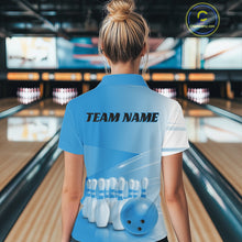 Load image into Gallery viewer, Back view of a female model in a bowling lane wearing a polo shirt with bowling ball and pins arranged in a pink gradient layout.