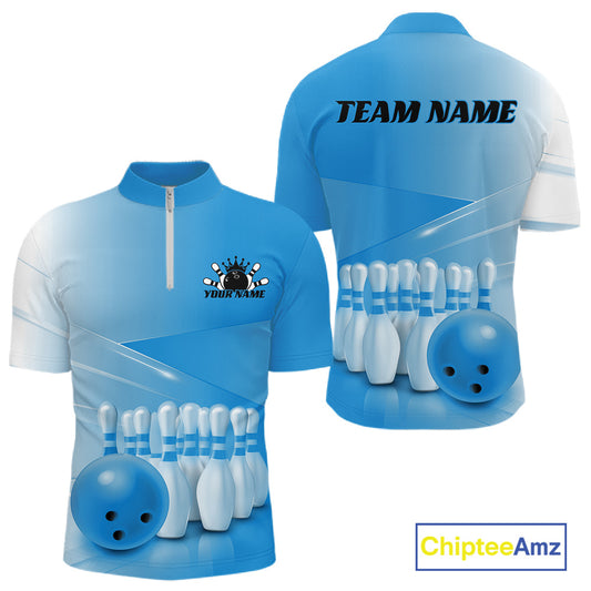 Front and back men’s bowling quarter zip shirt mockup featuring bowling ball and pins arranged within a pink gradient layout.