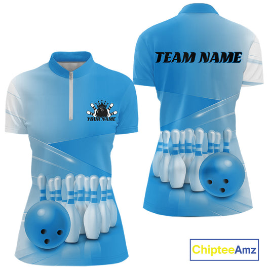 Front and back women’s bowling quarter zip mockup with bowling ball and pins motif arranged within a pink gradient layout.