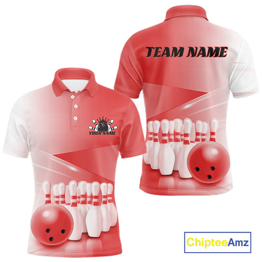 Men’s bowling polo shirt mockup shown front and back with bowling ball and pins arranged in a pink gradient design.