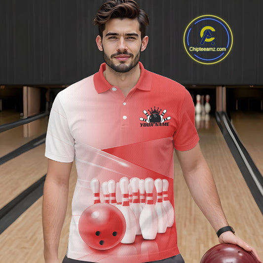 Front view of a male model at a bowling lane wearing a polo shirt with bowling ball and pins in a pink gradient layout.