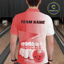 Load image into Gallery viewer, Male model back view at the bowling lane wearing a bowling polo shirt with bowling ball and pins arranged across a pink gradient layout.