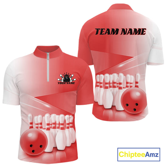 Men’s bowling quarter zip shirt mockup shown front and back with bowling ball and pins artwork in a pink gradient layout.