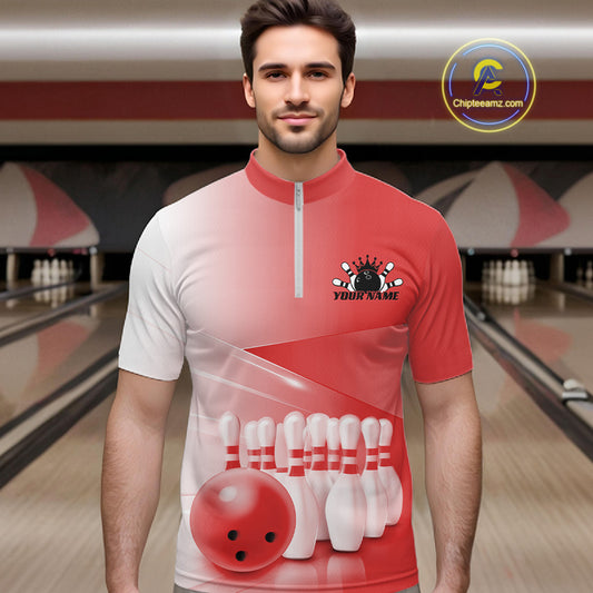 Male model front view in a bowling lane wearing a bowling quarter zip shirt with bowling ball and pins arranged in a pink gradient design.